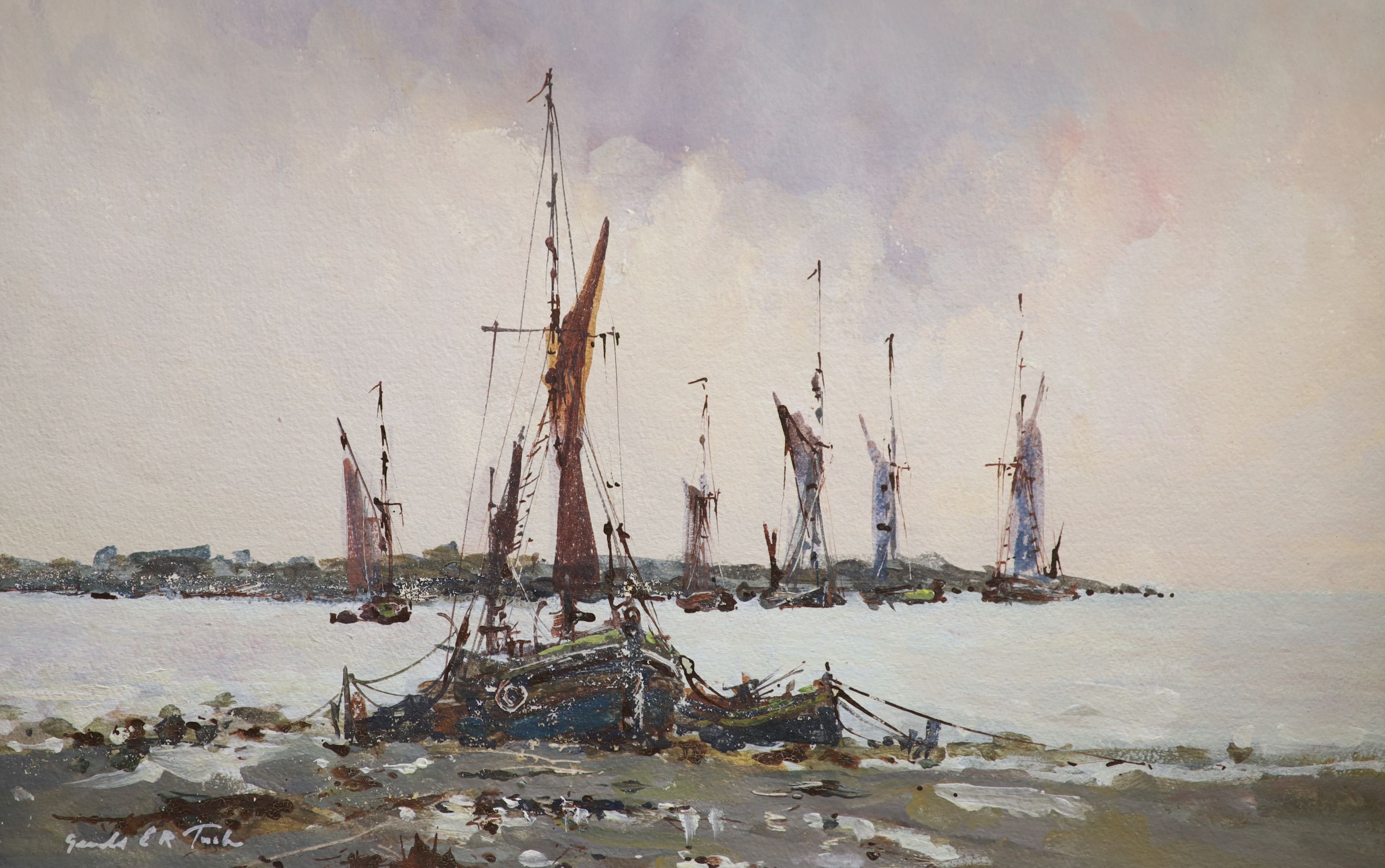 Gerald E. R. Tush, oil on board, Fishing boats along the coast, signed, 40 x 60cm